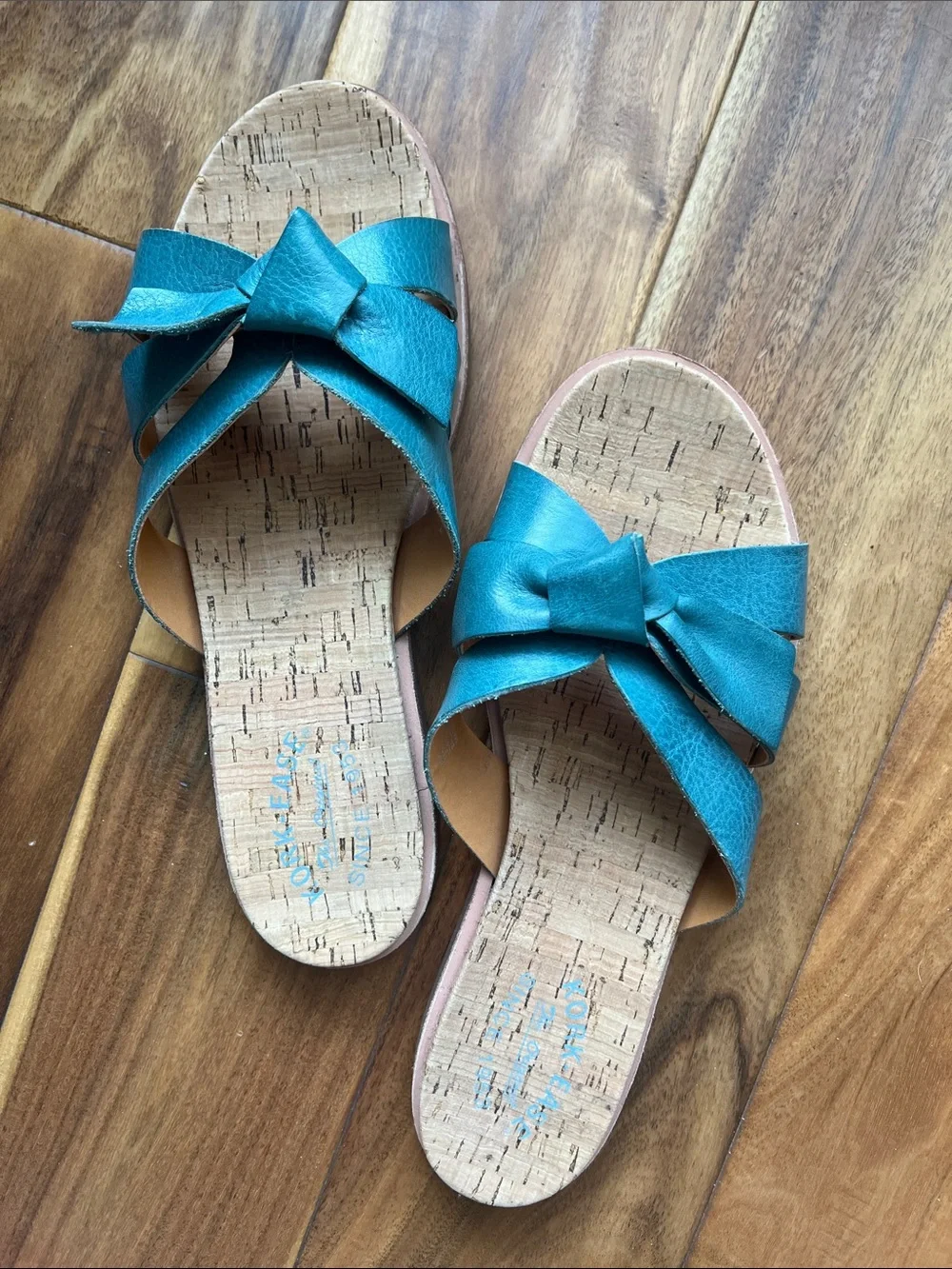 Teal Bow Cork Slide Sandals - Women